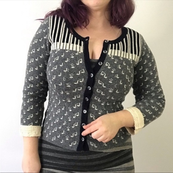 ANTHROPOLOGIE Field & Flower piano music note cardigan sweater cottagecore - Picture 3 of 9